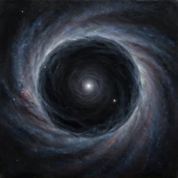 A giant black hole at the center of a distant galaxy, oil on canvas, trending on artstation