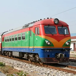 a red and green and orange and blue train
