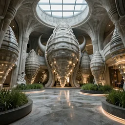the portrayal of cement architecture styled by the shape of sea isopods, wide shot, interior, high - tech, glowing lights, wet, polished concrete floors, planters filled with grass, skylights, hyper - realistic, full shot, highly detailed and intricate, ornate, luxury, elite, creepy, ominous, haunting, cinematic