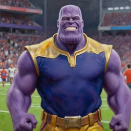 Thanos happily cheering in the stands at a football game oil on canvas, intricate, portrait, 8k highly professionally detailed, HDR, CGsociety