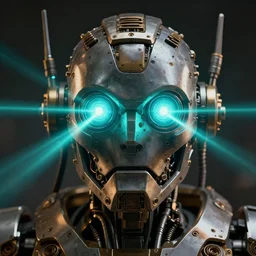 a head of a robot in steampunk style with cyan glowing laserbeams out of the eyes, insanely integrate details, cables out of the ears, sharp, frontshot, 8 k