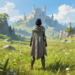 a warrior girl with short black hair wearing a gray cloak and boots standing in a meadow with medieval fantasy landscape with castle in the distance, shot from behind, digital art, by andreas rocha, by greg rutkowski, trending on artstation, 4k, vibrant colors