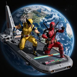 Wolverine and Deadpool playing a videogame on board of a spaceship flying in space with Earth on the background