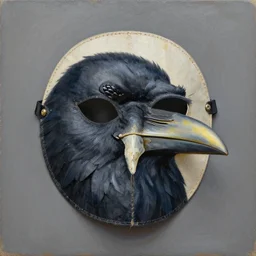 a painting of a homemade mask that looks like a raven, by ed brinkley and norman rockwell, detailed