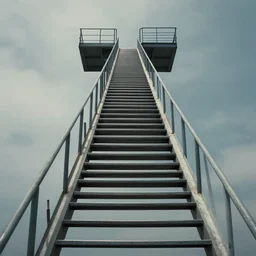 long straight steep metal staircase extending to a platform in the sky, first person view from the bottom, high sharpness, concept art, dreamlike, highly detailed, moody lighting