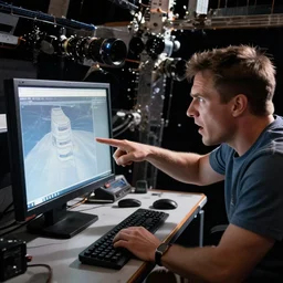 A man pointing angrily at his computer monitor on the space station, 35mm, f/1.4, f1.8 anamorphic, bokeh, 4k, Canon, Nikon
