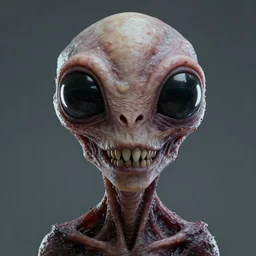 portrait of a space alien, horror meat monstrosity with teeth blender, octane render, big huge eyes, black insect eyes, realistic render, detailed, ugly, slimy unreal engine, symmetrical face, greg rutkowski and ruan jia, cinematic