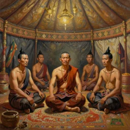 portrait of smart tai warlords sit in tai ethnic group traditional tent, tai mon khmer interior decoration, oil painting, fantasy, detailed and intricate environment