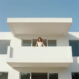 a still of a woman standing behind a huge white balcony of a minimalist house, outside view, clear sky, minimalist composition, in the music video Wrapped Around your Finger (1983)