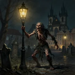 a grimdark fantasy painting of a twisted caricature of compassion in the form of an envious hungry street lamp in the darkened streets of prague at midnight in the 1 7 0 0 s, graveyard, dancing evil streetlamps, realistic, vraytracing