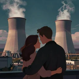 Couple embracing against a backdrop of nuclear power plant, utopia, film noir, from behind, stylized