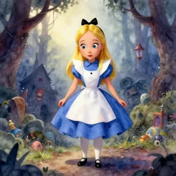 alice in wonderland 3 d watercolor illustration, mistic atmosphere, scarry, octane render, intricate, cute, colorfull, hyper detailed, morning light, well rendered