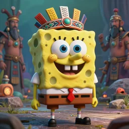 portrait extremely fine detail spongebob in tribal regalia, an idea seep's into infinity highly detailed 3 d in volumetric latent space, cinematic light, sharp focus, divine realm of gods, octane render,