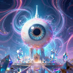 mysterious eyeball hovers over mythical crystal temple, fractal waves, synthwave, bright neon colors, highly detailed, cinematic, tim white, michael whelan, roger dean, bob eggleton, lisa frank, vladimir kush, kubrick, kimura, isono