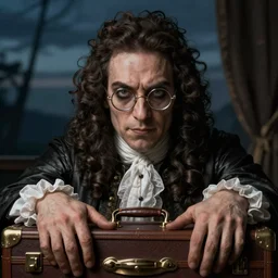 close detail portrait 18 century doctor in glasses, male, elegant, in suitcase, digital fantasy art, hands straight down, evil eyes, insane,  under light, at late evening by greg rutkowski and thomas kinkade, Trending on artstation