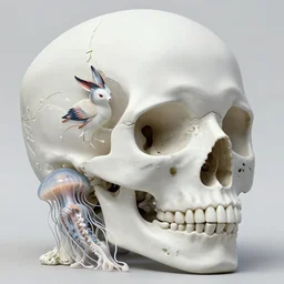 3 d close - up goddess skull liminal broken in to pieces fractured human skull, jellyfish, beautiful intricately detailed japanese crow kitsune mask and clasical japanese kimono highly detailed. iridescent accents. by wlop, tooth wu, greg rutkowski, alena aenami, beeple, octane render, ray tracing