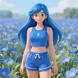 if bluetooth was an actual human female, wearing blue crop top with the bluetooth logo on and blue pyjama shorts, digital image, character illustration, highly detailed, long blue hair, background of a blue flower field, trending on art station, art, by jason chan