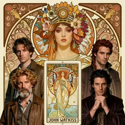 full figure portrait of a beautiful mysterious persian with flowery headgear, by eve ventrue, michael carson, andreas rochas, john watkiss, casey weldon, artgerm. art nouveau. tarot card by mucha. gloomhaven. swirly intricate linework background. gaudy colors, sharp edges. octane render