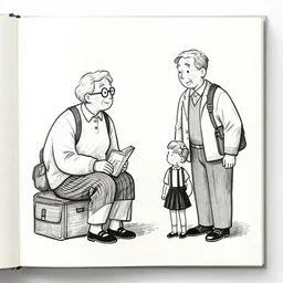 book illustration of how your grandparents explained their trips to school back in the days, book illustration, monochromatic, white background, black and white image