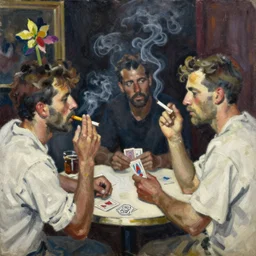 oil painting in the style of john craxton. sailors talking in the shadows of jazz club. looking. strong expressions on faces. smoke. holding cigarettes. playing cards. scratch. strong lighting. brush. single flower. in the style of ivon hitchins. cheekbones. seated figure hands on table. line drawing.