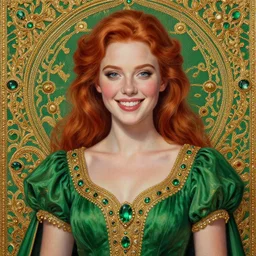 Highly detailed painting of a beautiful young woman in front of a fabric background with red hair, smiling by Craig Mullins, Fabric texture, green dress, gold details, gemstones, Golden thread, emeralds, intricate details, intricate patterns 4k, 8k, HDR