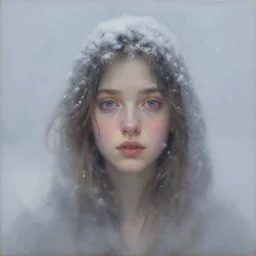 beautiful aerita, portrait in the center of the face, home care, gentle, thoughtful, fog, snow, volumetric lighting, soft light particles, portrait of a character in oil on canvas by gerald brom and greg rutkowski, masterpiece, fantasy art artstation headquarters
