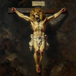 oversized muscular lion as  crucified berzerker christ the lord human bloody legs full body portrait pose , very textured detailed oil painting by rembrandt , hard backlight , in dark cave