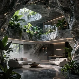 a futuristic apartment interior in the style of a marble cave, luxury, plants, high ceiling, dark moody lighting, foggy atmosphere, 16mm lens, by craig mullins, octane rendering