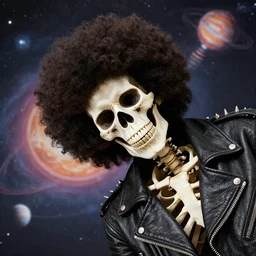 angled head shot camrea, skeleton with an afro wearing a spiked leather jacket, solar system background