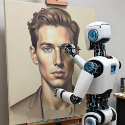 robot artist painting a self - portrait on a canvas. intricate, highly detailed, digital matte painting in the style of gil elvgren and in the style of stephen hickman. irony, recursion, inspiration.