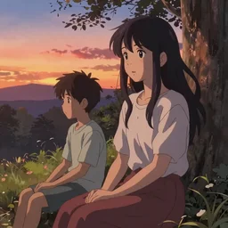 a beautiful girl with long dark hair, sitting in the park next to a young boy who has dark hair, sunset, evening, sharp focus, intricate, artstation, official media, anime key visual, highly detailed, rich vivid colors, ambient lighting, illustration, art by Artgerm, Makoto Shinkai, Ilya Kuvshinov, Lois Van Baarle, and Rossdraws