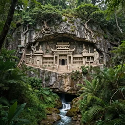 carved into the Rock a citadel-temple , gnarly trees, lush vegetation, forrest,  a small stream runs beneath the waterfall, landscape, raphael lacoste, eddie mendoza, alex ross, concept art, matte painting, highly detailed, rule of thirds, dynamic lighting, cinematic, detailed, denoised, centerd