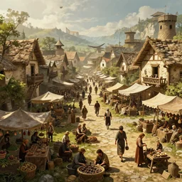a busy marketplace full of merchants in an old medieval town, fantasy apocalypse, digital art, 4 k,