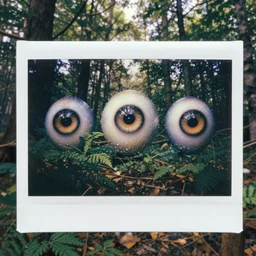 bright forest, sparkling three eyed spirits, detailed wide shot, polaroid, ground detailed, wet eyes reflecting into eyes reflecting into infinity, beautiful lighting