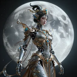 by par olofsson and tristan eaton, visually stunning, cinematic, ultra realistic, hyper realism, 1 2 k, epic, octane render, unreal engine, vfx, maya, the essence of art is passion : lunar oracle, ornate creature : cyborg geisha, robotic : machina, super intricate ornaments : the fluidity of creativity