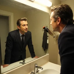 ultra wide angle photo of jeff goldblum dressed as seth brundle is looking at himself in a bathroom mirror and seeing his reflection as the fly, a mutated insect version of jeff goldblum