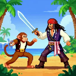 monkey island, lucasarts, pixelart, guybrush swordfighting with jack sparrow