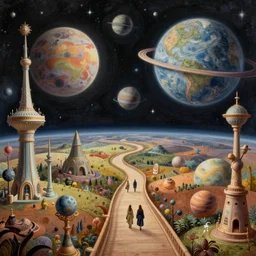 a whimsical masterpiece matte painting of a winding path into outer space sci - fi dream worlds, surreal planets designed by heironymous bosch, space megastructures inspired by heironymous bosch, vast surreal landscapes and horizon by asher durand and cyril rolando and natalie shau and cyril rolando, insanely detailed, highly intricate, elegant, meaningful