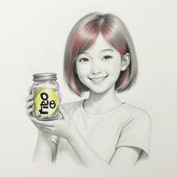 pencil drawing of a smiling girl with short grey red hair proudly holding a fido jar into the camera. close up. the fido jar is filled with big green pickles, by laszlo moholy nagy