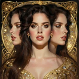 symmetry portrait of lana del rey, photorealistic, glam, glowing lights intricate, elegant, highly detailed, digital painting, artstation, concept art, smooth, sharp focus, illustration, art by artgerm and greg rutkowski and alphonse mucha
