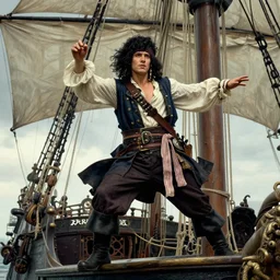 rgb, thin, model, short black curly hair, round face, pirate clothes, on a pirate ship, amazing composition & dynamic posing, by franz xavier leyendecker, wlop! muted colors, highly detailed, fantasy art by craig mullins, thomas kinkade cfg _ scale 9