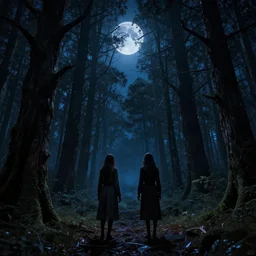 scary forest with two people with there backs facing the camera in it at night with a blue moon, surreal, sharp focus, digital art, epic composition, concept art, dynamic lighting, intricate, highly detailed, 8 k, unreal engine, blender render