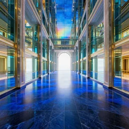 a dreamy very large open interior in the style of mc escher, black marble floors with cobalt blue highlights, glass mirrors, hyper realistic art, in the style of national geographic, 4 k, hyper realistic, coherent design, symmetrical, vivid colour, trending on art station, in the style of pi - slices, complementary colour, golden ratio, detailed, sharp lines, intricate, rainbow shift, in unreal 3 d engine, ray tracing, octane render