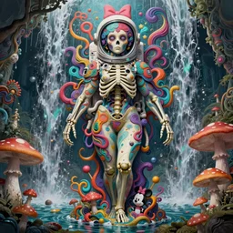 full shot of a melting beautiful venus skeleton monster astronaut defined facial features, psychedelic, in waterfalls, mushrooms, minnie mouse, intricate abstract. cyberpunk, symmetrical facial features. by ruan jia and artgerm and range murata and wlop and ross tran and william - adolphe bouguereau and beeple. key art. fantasy illustration. award winning, artstation, intricate details, realistic, hyperdetailed, 8 k resolution.