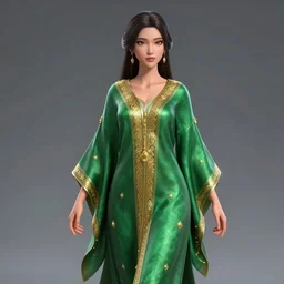 a beautiful woman  wearing a green  kaftan made of silk with golden ornaments by Karol Bak, Ayami Kojima, Amano , concept art, character design, fantasy,3D, 8k resolution