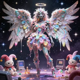 a suited zombie angel spirit being, covered with pastel glitter glue slime, fashion model pose, full body maximalist cosmic eldritch character design, early computer graphics by dan mumford, surrounded by stars and jester plushies, realistic light and shadow effects, maximalist background
