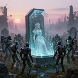 post - apocalyptic gothic sci - fi graveyard terrarium cemetery, crowd of sci - fi exo - mecha robots mourning beside large glowing glass cyberpunk tombstone containercasket preserving body of last human female queen, serene morning mist, pastel sunrise, volumetric lighting, octane render | by william - adolphe bouguereau, brom, gustave dore, beeple