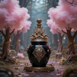 Krang standing with black jar, enchanted, magical, cotton candy trees,  cinematic shot, intricate, ornate, photorealistic, ultra detailed, realistic, 100mm, photography, octane, high definition, depth of field, bokeh, 8k, behance, artstation