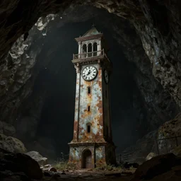 an abandoned old rusty clocktower in a dark enormous cave, Low level, digital art, unreal engine, WLOP, trending on artstation, 4K UHD image, octane render