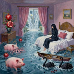 painting of flood waters inside an artist's feminine bedroom, female emo art student, a river flooding indoors, pomegranates, pigs, ikebana, water, octopus, river, rapids, waterfall, black swans, canoe, berries, acrylic on canvas, surrealist, by magritte and monet